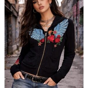 Johnny Was LA Women Statement Wings Rose Freedom Hoodie Sz M Tattoo \Grunge Boho